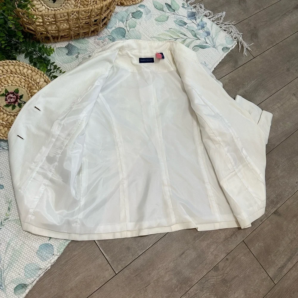 Karen Scott Women’s Cream Blazer Linen Rayon Shoulder Pads Minimalist Size 12